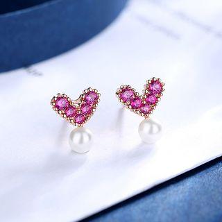 Rhinestone Heart Faux Pearl Earring As Shown In Figure - One Size