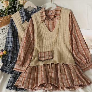 Set: Loose Knit Vest + Plaid Midi Dress With Mini Crossbody Bag In 5 Colors