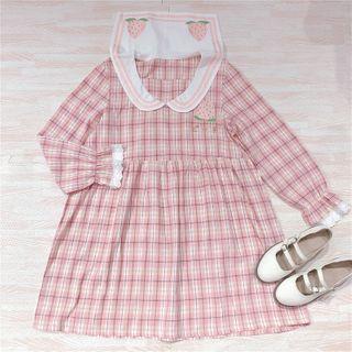 Long-sleeve Peach Embroidered Plaid A-line Dress Pink - One Size