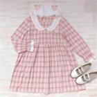 Long-sleeve Peach Embroidered Plaid A-line Dress Pink - One Size