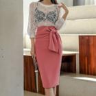 Set: Balloon-sleeve Lace Blouse + Tie-front Pencil Skirt
