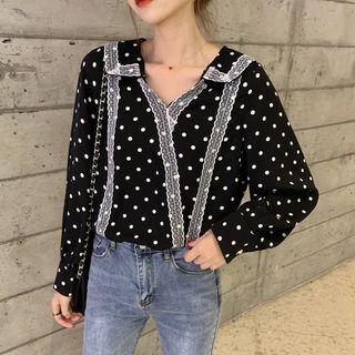 Lace Trim Long Sleeve Polka Dot Shirt Black - One Size