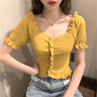 Puff-sleeve Plain V-neck Ruffle Trim Knit Top