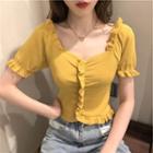 Puff-sleeve Plain V-neck Ruffle Trim Knit Top