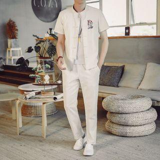 Set: Short-sleeve Embroidered Frog-button Shirt + Pants
