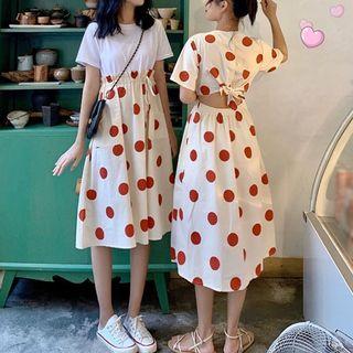 Short-sleeve Dotted Midi A-line Dress / Mock Two-piece Short-sleeve Midi Dotted Dress