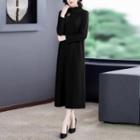 Long-sleeve Mock-neck Floral Embroidered Midi Shift Dress