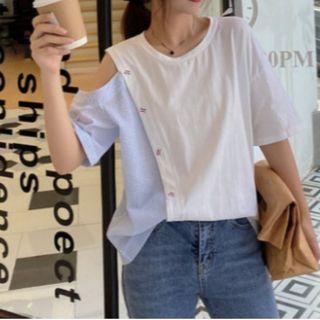 Elbow-sleeve Cold-shoulder Two-tone T-shirt