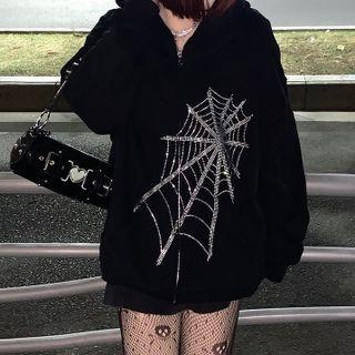 Rhinestone Spider Web Hooded Zip-up Jacket