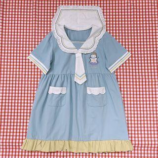 Short-sleeve Cartoon Embroidered Sailor Collar Frill Trim A-line Dress Blue - One Size