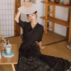 V-neck Elbow-sleeve Top / Maxi A-line Skirt / Set