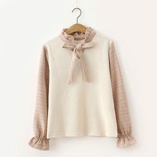 Mock Two-piece Long-sleeve Plaid Blouse Off-white - One Size