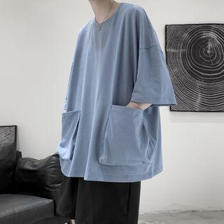 Elbow-sleeve Pocket Detail Plain T-shirt