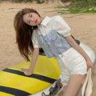 Short-sleeve Denim Panel Shirt Blue & White - One Size