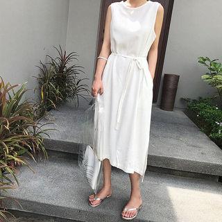 Linen Blend Long Tank Dress With Sash