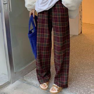 High Waist Plaid Loose Fit Pants Plaid - Red - One Size