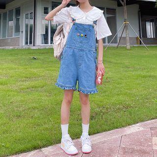 Floral Embroidered Denim Dungaree Shorts / Short-sleeve Blouse / Set