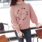 Floral-embroidered Balloon-sleeve Knit Top