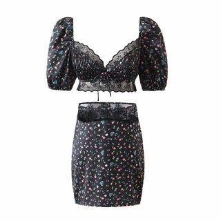 Puff-sleeve Floral Print Top / Mini Pencil Skirt
