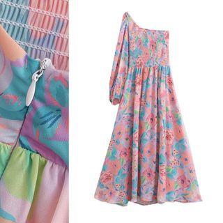 One-sleeve Floral A-line Dress