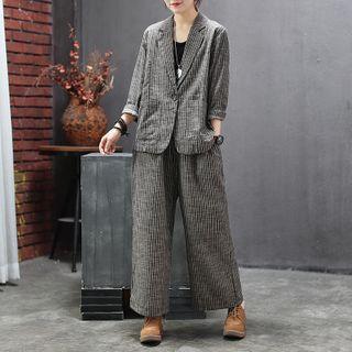 Set: Pinstriped Blazer + Wide-leg Pants Blazer - Dark Gray - One Size / Pants - Dark Gray - One Size