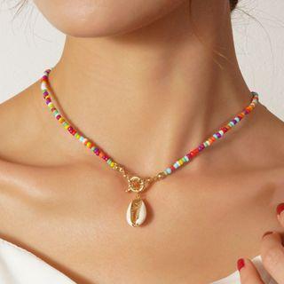Shell Pendant Bead Necklace 1pc - Gold & White & Orange - One Size