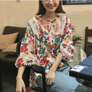 Print Lace Panel Long-sleeve Blouse