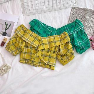 Cold Shoulder Plaid Short-sleeve Crop Top