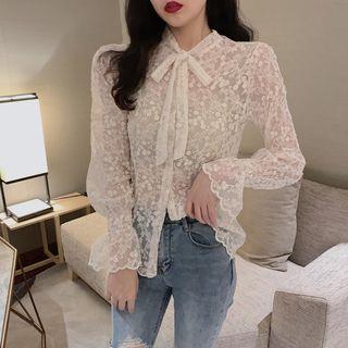 Ribbon-neckline Lace Blouse Almond - One Size