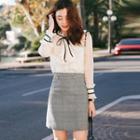 Set: Contrast Trim Long Sleeve Blouse + Camisole Top + Plaid A-line Skirt