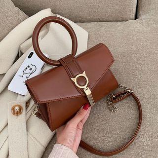 Faux Leather Pig Buckled Fringed Crossbody Bag