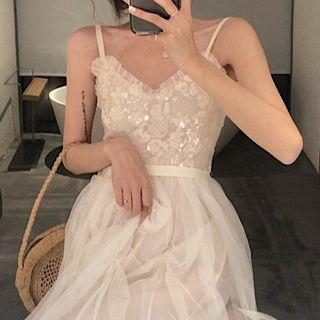 V-neck Glitter Mesh Midi Dress