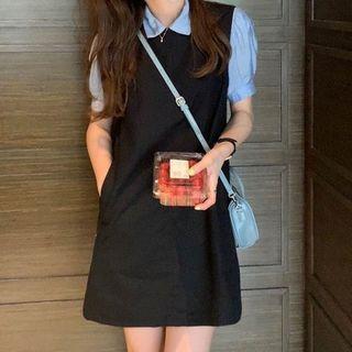 Puff-sleeve Collared Blouse / Sleeveless Mini Shift Dress