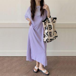 Short-sleeve Plain T-shirt / Plain Slit Spaghetti Strap Dress