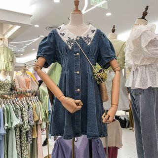 Embroidered Short-sleeve Denim Mini A-line Dress
