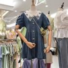 Embroidered Short-sleeve Denim Mini A-line Dress