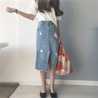 Slit Front Distressed Midi Denim Skirt