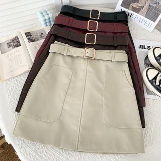 Inset-pockets Faux-leather Mini Skirt With Belt