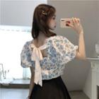 Puff-sleeve Floral Print Tie-back Blouse