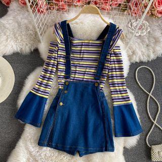 Set:striped Flare Long Sleeve Top + Denim Wide Leg Jumper Shorts