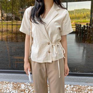 Button-detail Wrap-front Linen Blend Blouse