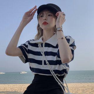 Short-sleeve Striped Polo Shirt Striped - Black & White - One Size