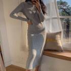 Slit-cuff Ribbed Knit Long Hoodie Dress