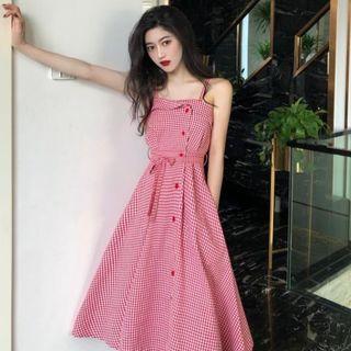 Plaid Strappy Midi A-line Dress As Shown In Figure - One Size