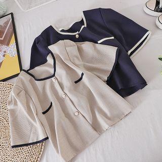 Round-neck Color Block Puff-sleeve Top