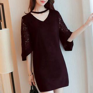 Lace Bell-sleeve V-neck Knit Dress