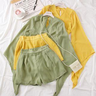 Set: Bell-sleeved Wrapped Top + High-waist Shorts
