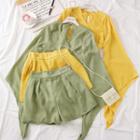 Set: Bell-sleeved Wrapped Top + High-waist Shorts