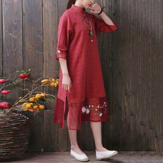 3/4-sleeve Embroidered A-line Midi Dress