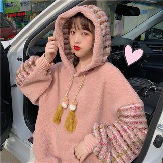 Plaid Panel Faux-shearling Hoodie